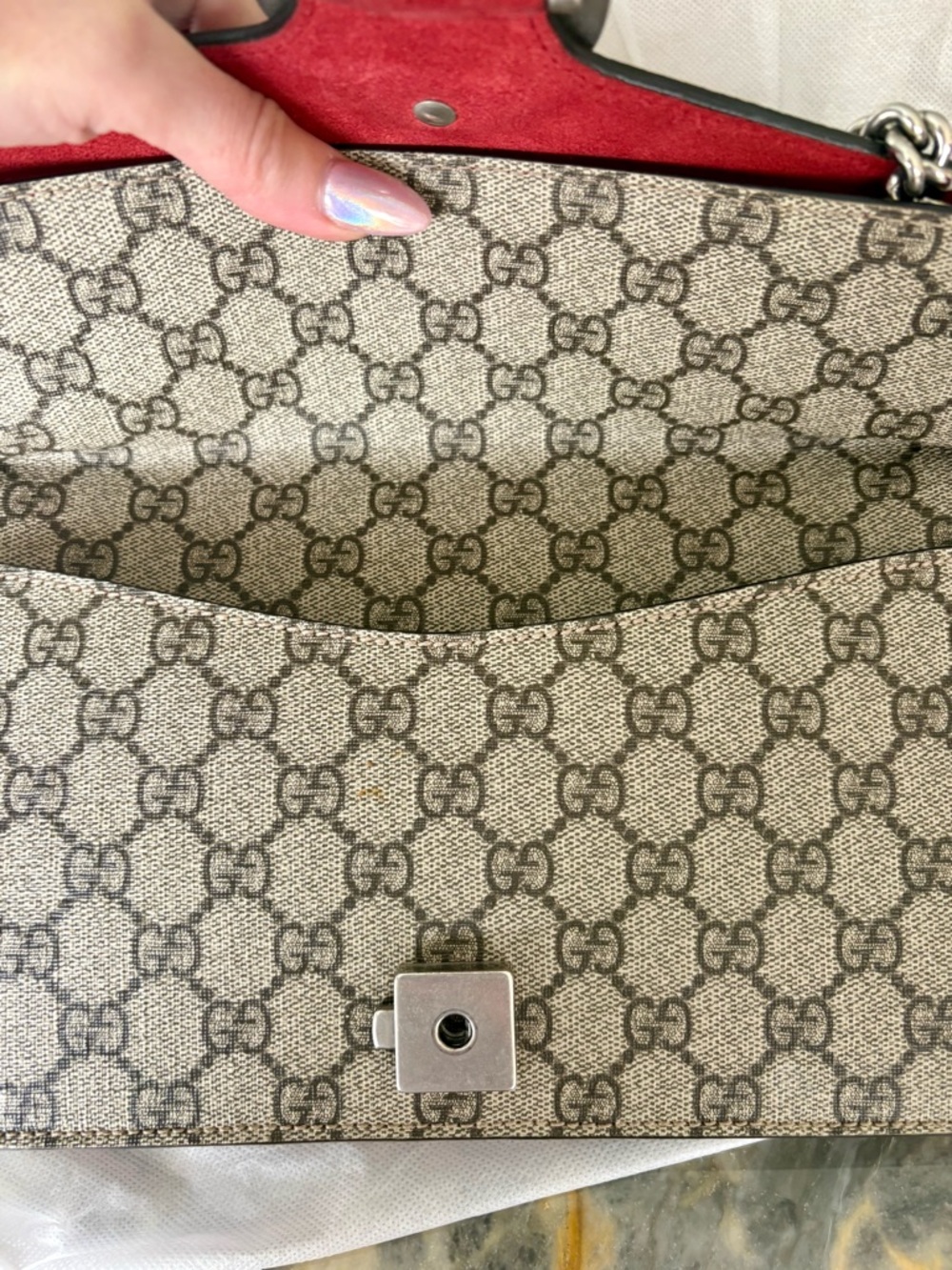 CERTIFIED GUCCI Dionysus Beige GG Supreme Canvas Shoulder Bag Red Suede Stripe ! - Picture 4 of 15
